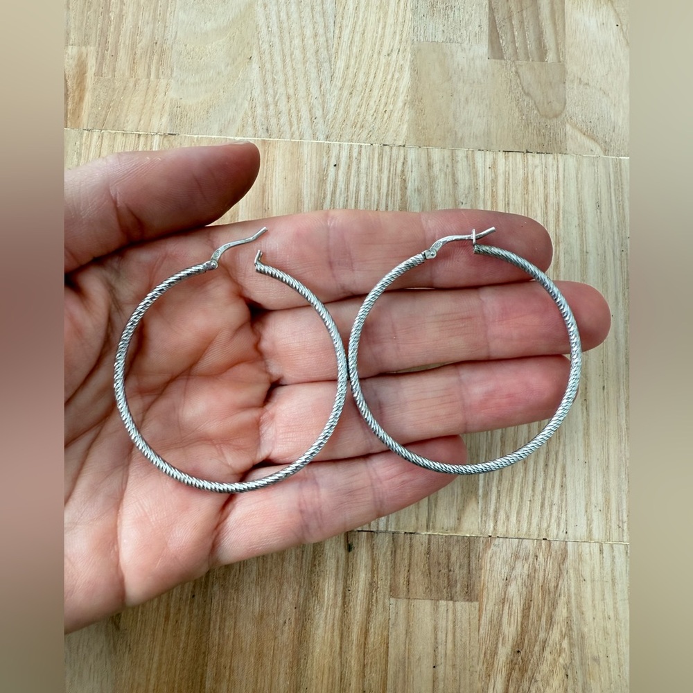 Italy 925 Sterling silver textured hoop earrings 2”